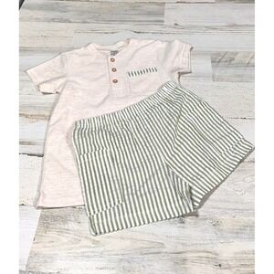 Willow and Wyatt 2pc Shorts Set Kids 4T Pink Green Striped Excellent Henley